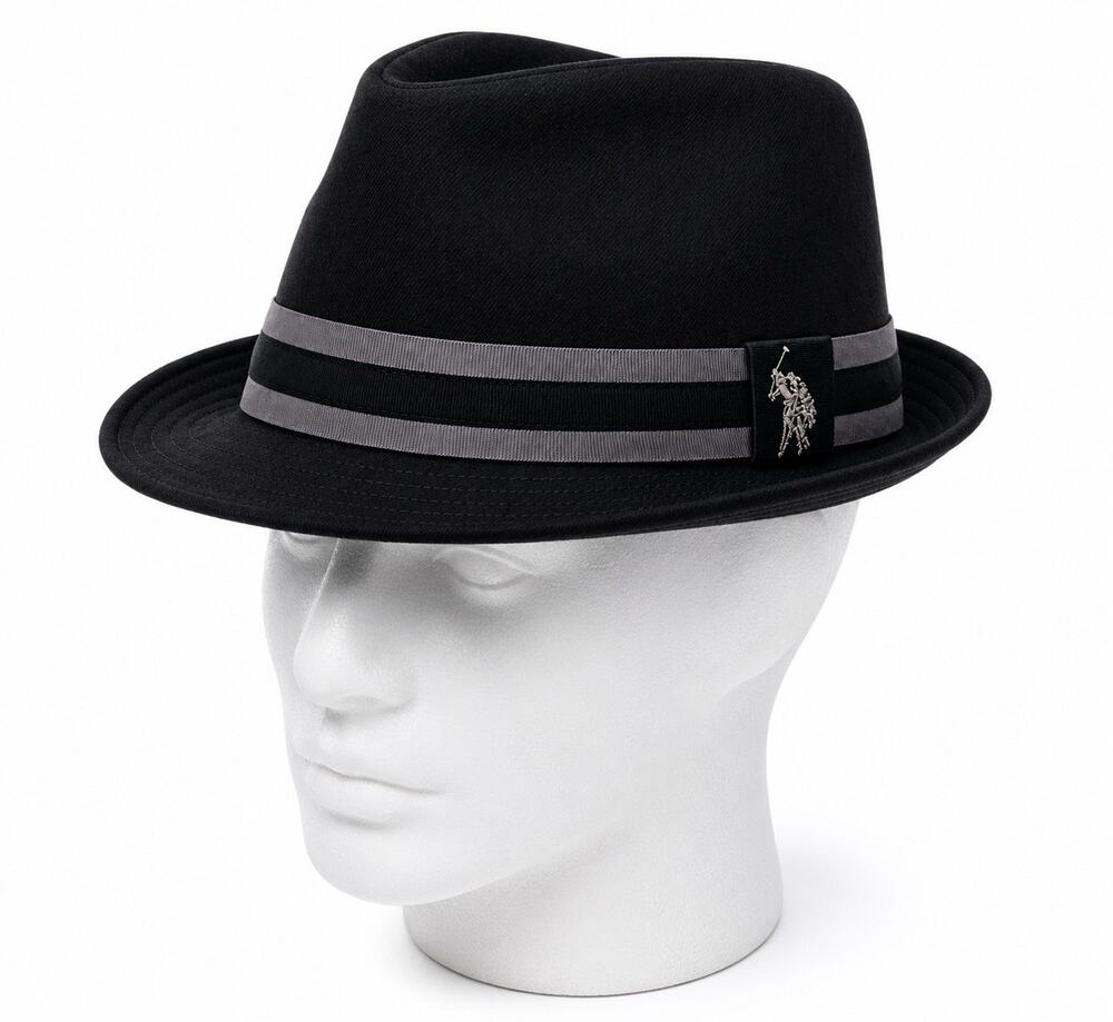 U.S. Polo Assn. Black Fedora Hat Gray Stripe Band Logo Men’s Classic Trilby